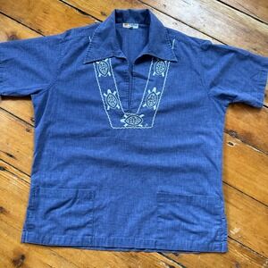 Vintage 70's West Indies Caribbean Hand Embroidered Turtle‎ Shirt Sz L